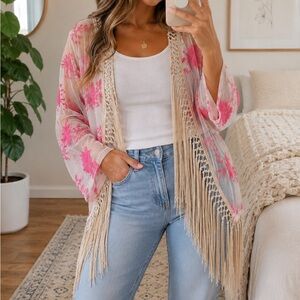 Buffalo David Bitton Floral fringe embroidered mesh kimono sz M